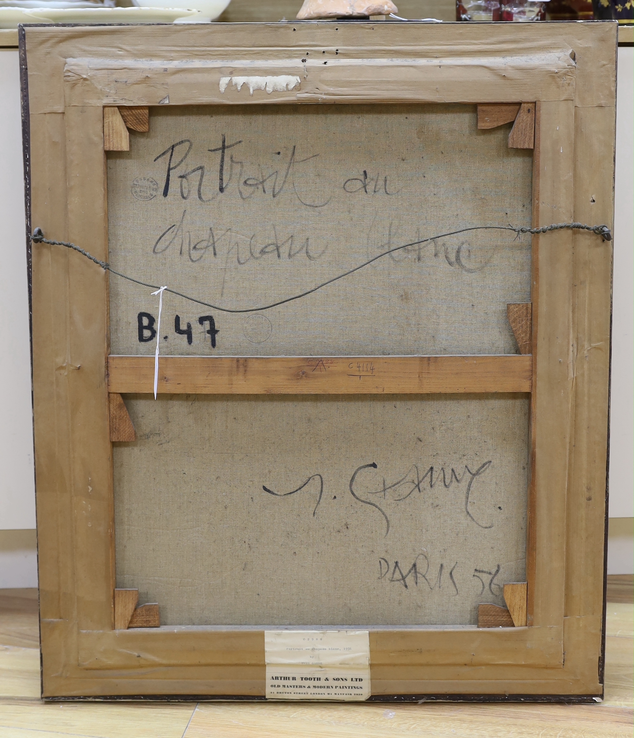 Yves Jean Félicien Ganne (French 1931-2019), oil on canvas, 'Portrait aux Chapeaux Blanc, 1956', signed and inscribed verso, with Arthur Tooth label,l 71 x 59cm
